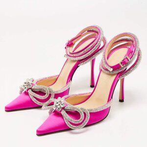Pink Bow Heels - Cinderella Pink and Silver Rhinestone Wrap Up Heels